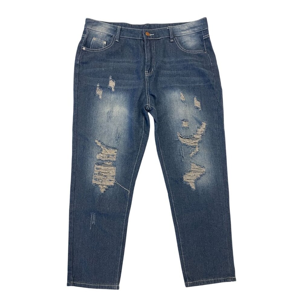 mid rise straight jeans top stitch distressed medium wash 16/18